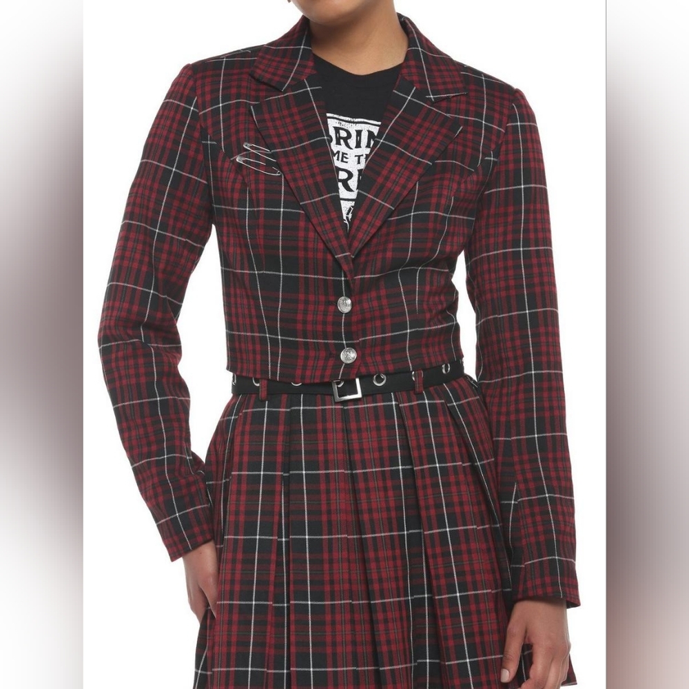Dark Red Plaid Crop Girls Blazer
